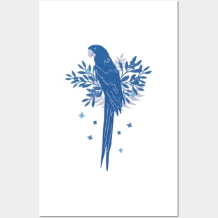 Blue Ara parrot with Tropical Leaves Posters and Art